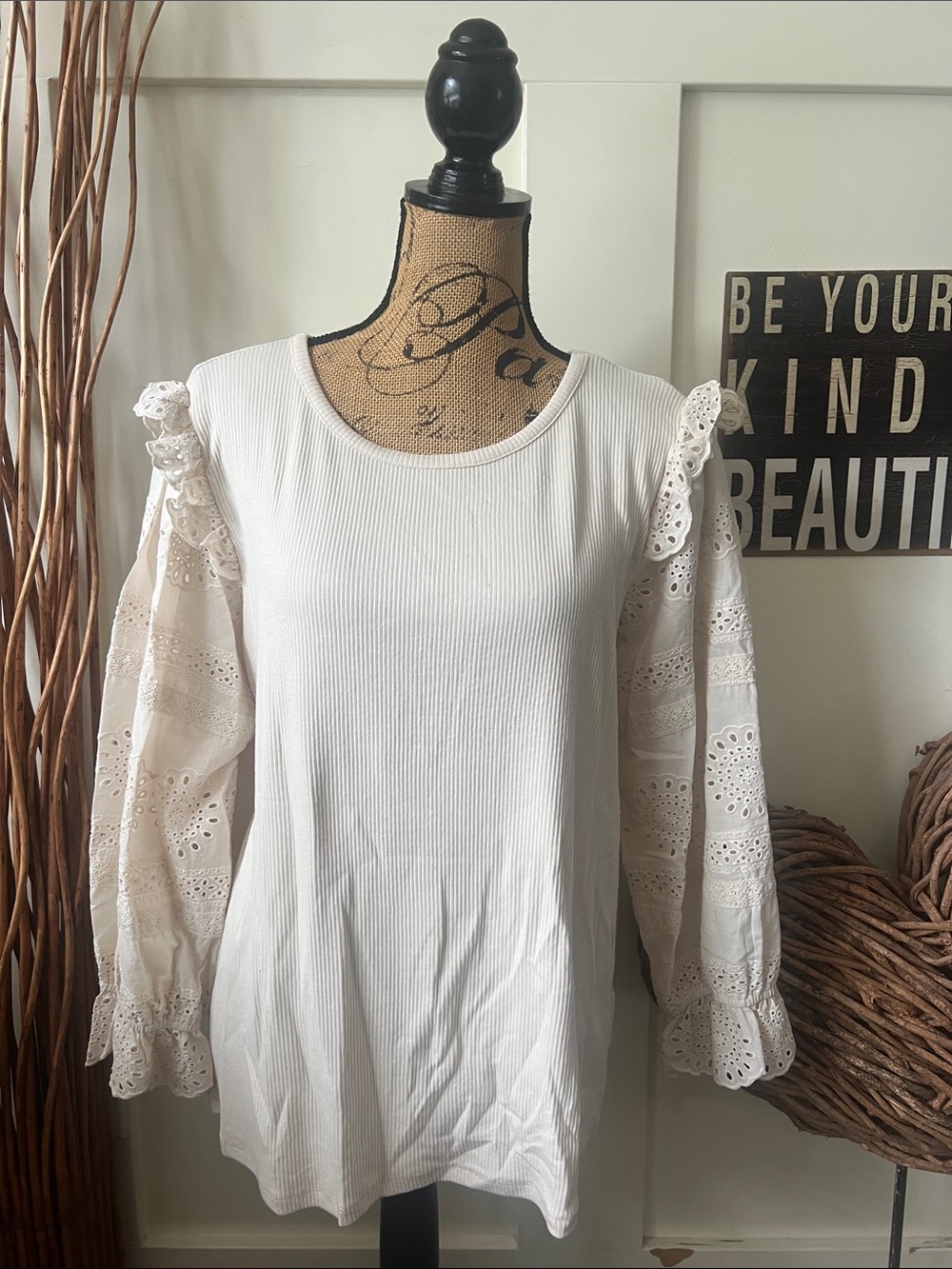 Cato Beige Eyelet Lace Sleeve Ribbed Knit Top